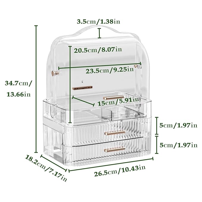 LINFIDITE Cosmetics Storage Box Transparent Lid Large Makeup Organizer Box Drawers Portable Handle Waterproof Dustproof Skincare Display Cases for Countertop, Bathroom, Dresser, PET,Clear Green