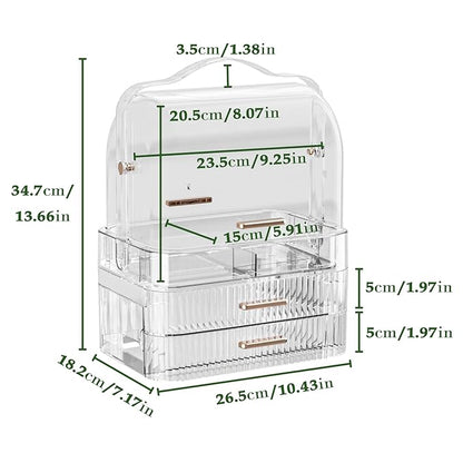 LINFIDITE Cosmetics Storage Box Transparent Lid Large Makeup Organizer Box Drawers Portable Handle Waterproof Dustproof Skincare Display Cases for Countertop, Bathroom, Dresser, PET,Clear Green