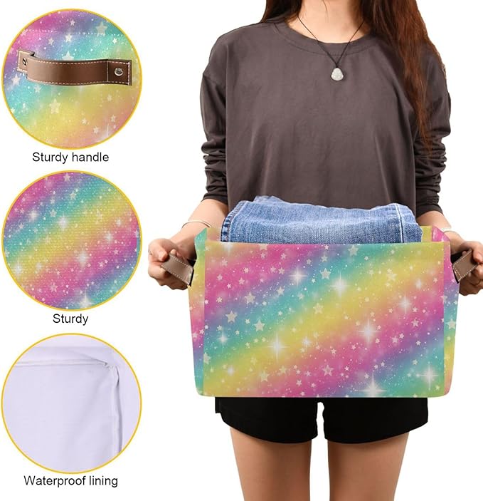 Rainbow Galaxy Storage Basket Bin, Large Cube Storage Box Canvas Collapsible Storage Organizer for Home Office Closet - 15 L x 11 W x 9.5 H