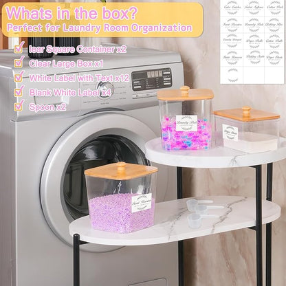 efluky 3 Pack Laundry Pods Container & Dryer Sheet Holder Set, Clear Laundry Room Organization Containers with Bamboo Lids and Labels, Detergent Pods Storage for Scent Booster, Powder