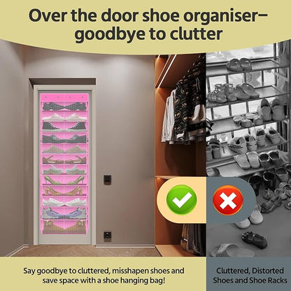PAULONE 12 Pocket Over the Door Shoe Organizer,Reusable Breathable Large Mesh Bag Men's & Women's Sneaker Organizer,Shoe Organizer for Kids,Hanging Shoe Storage Hanging Bag (Pink)
