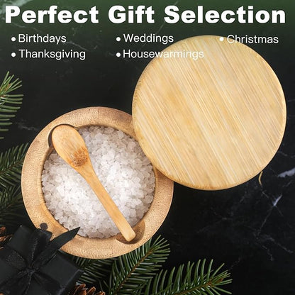 Ninsula Bamboo Salt Cellar, 360° Magnetic Swivel Lid Salt Container with Built-in Spoon for Storing Table Salt, Pepper, Sugar, Sea Salt, Spices, and Herbs