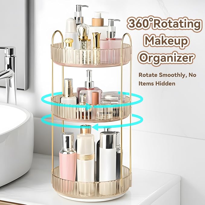 360° Rotating Makeup Organizer for Vanity, 3 Tier Perfume Organizers Skincare Organizers and Storage for Bathroom Countertop, Spinning Cosmetic Organizer for Bedroom Dresser Counter (Gold)