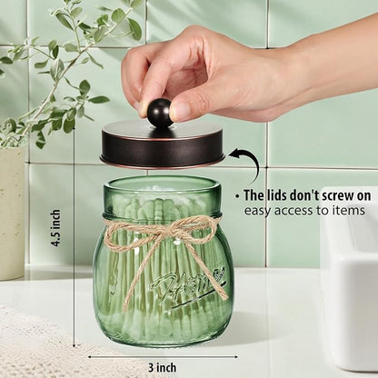 SheeChung Green Glass Qtip Holder Dispenser, Mason Jar Apothecary Jars with Lids, Bathroom Organizers and Storage, Vanity Countertop Canisters Set for Cotton Swab, Ball, Pad, Floss Pick-ORB, 3 Pack