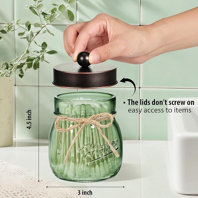 SheeChung Green Glass Qtip Holder Dispenser, Mason Jar Apothecary Jars with Lids, Bathroom Organizers and Storage, Vanity Countertop Canisters Set for Cotton Swab, Ball, Pad, Floss Pick-ORB, 2 Pack