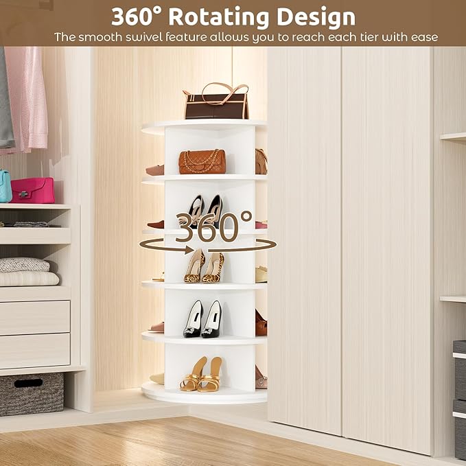 Rotating Shoe Rack 5 Tier Spinning Shoes Organizer Tower for 20-24 Pairs Lazy Susan 360 Revolving Shoe Storage Cabinet Rotate Shoe Handbag Rack Round Carousel for Closet, Bedroom (White)