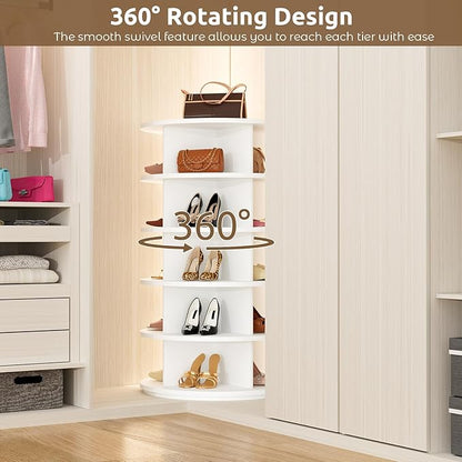 Rotating Shoe Rack 5 Tier Spinning Shoes Organizer Tower for 20-24 Pairs Lazy Susan 360 Revolving Shoe Storage Cabinet Rotate Shoe Handbag Rack Round Carousel for Closet, Bedroom (White)