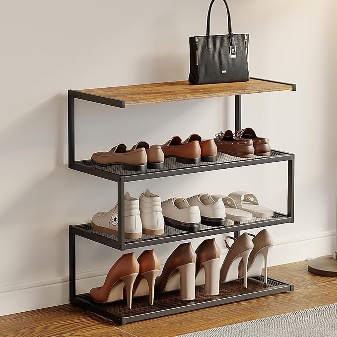 Shoe Rack, Unique 5-Shaped Free Standing Shoe Shelf, 4-Tier Wooden Shoe Organizer with Wooden Top and Steel Frame for Front Door Entrance, Entryway, Hallway, 24.41" D x 11.02" W x 23.23" H