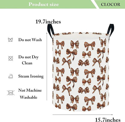 CLOCOR Large Laundry Basket,Waterproof Nursery Hamper,Collapsible Fabric Storage Container,Room Decor,Gift Basket（Leopard Print Bow)