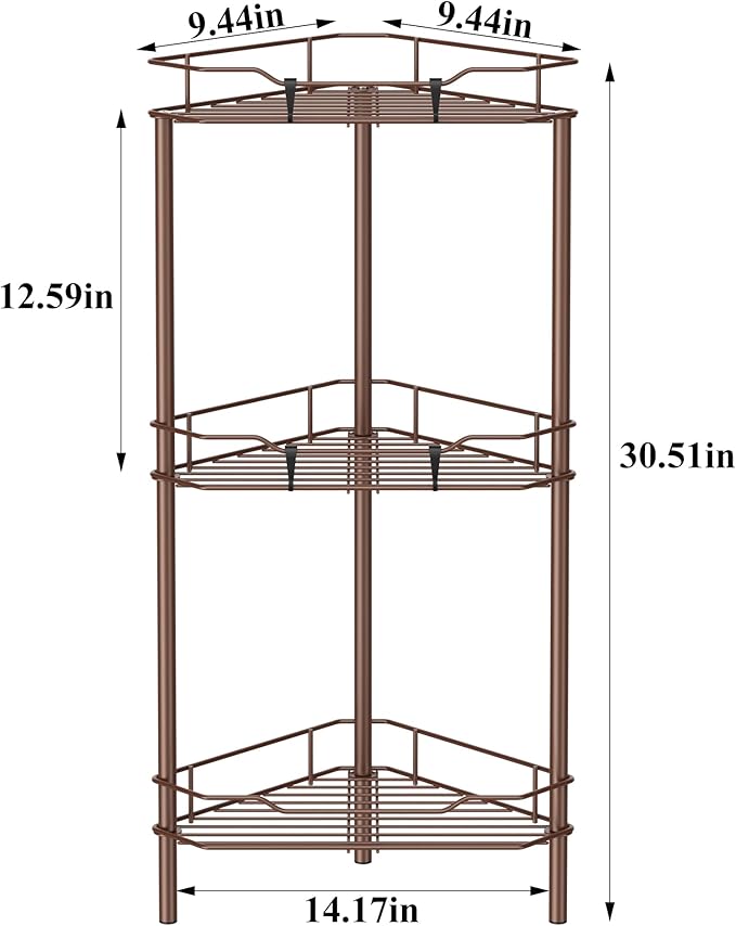 HuggieGems 3 Tier Floor Standing Corner Shower Caddy Organizer Shelf with Hooks, Bathroom Shelves Stand Rack, Coffee