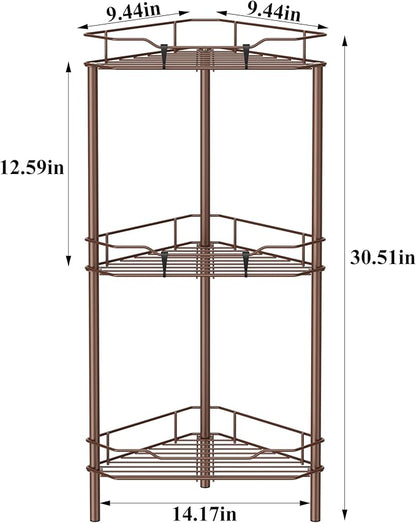 HuggieGems 3 Tier Floor Standing Corner Shower Caddy Organizer Shelf with Hooks, Bathroom Shelves Stand Rack, Coffee