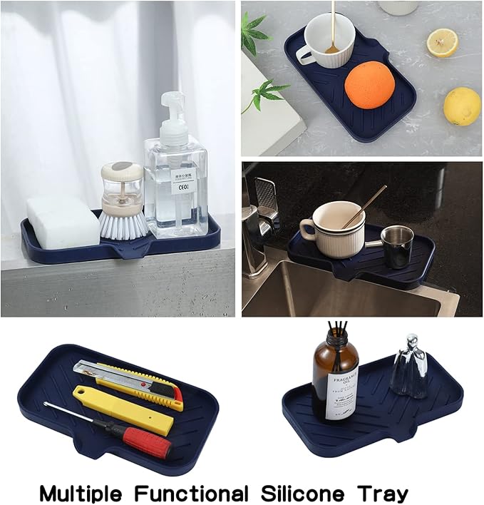 MicoYang Silicone Bathroom Soap Dishes with Drain Spout-Kitchen Sink Organizer,Sponge Holder,Dish Soap Tray,Perfect for Dispenser,Scrubber,Bottle,Cup on Sink or Counter-Navy Blue 9.6"×5.3"