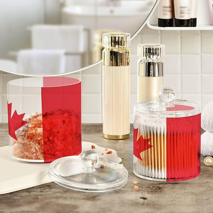 DOMIKING Canada Flag 2 Pack Bathroom Canisters Cotton Swab Holder Dispenser Plastic Cotton Ball Jar Acrylic Storage Containers for Cotton Swab Cotton Ball Cotton Round Pads