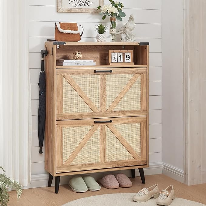 Barnyatoh Shoe Storage Cabinet, Boho Rattan Shoe Organizer with 2 Flip Drawers,Farmhouse Freestanding Hidden Slim Narrow Shoe Rack Cabinet with Open Shelves for Entryway, Foyer,Hallway, Natural