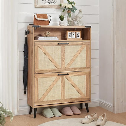 Barnyatoh Shoe Storage Cabinet, Boho Rattan Shoe Organizer with 2 Flip Drawers,Farmhouse Freestanding Hidden Slim Narrow Shoe Rack Cabinet with Open Shelves for Entryway, Foyer,Hallway, Natural