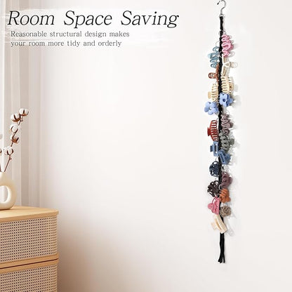 SNOWSTAR Macrame Hair Claw Clip Organizer with Rotating Hook and 20 Metal Rings,Hanging Hair Clip Holder and Storage for Women Girls,Claw Clips Hanger Home Decor for Wall,Door,Closet (Black1PCS)