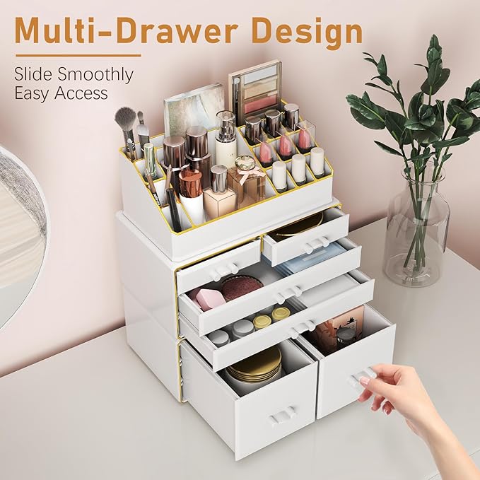 Delamu 3-Tier 6-Drawer Makeup Organizer Countertop Cosmetic Organizer for Dresser and Vanity Bathroom Organizers and Storage for Lipstick Brush Skincare Perfume, Nail Polish, White with Gold Edges