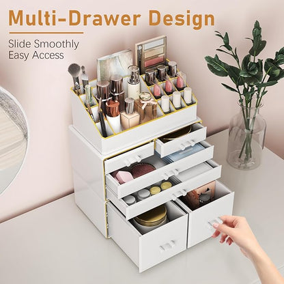 Delamu 3-Tier 6-Drawer Makeup Organizer Countertop Cosmetic Organizer for Dresser and Vanity Bathroom Organizers and Storage for Lipstick Brush Skincare Perfume, Nail Polish, White with Gold Edges