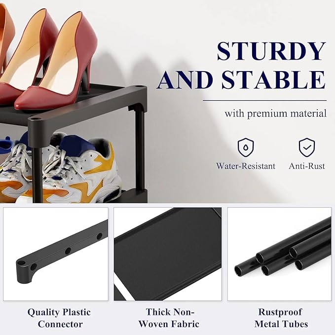 3-Tier Stackable Shoe Rack Organizer - Heavy Duty Metal & Fabric Shoe Shelf for Closet, Entryway, and Mudroom - Space Saving Shoe Storage Bench for Sneakers & Boots