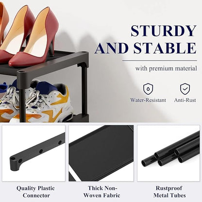 3-Tier Stackable Shoe Rack Organizer - Heavy Duty Metal & Fabric Shoe Shelf for Closet, Entryway, and Mudroom - Space Saving Shoe Storage Bench for Sneakers & Boots