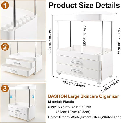 DASITON 4 Tiers Makeup Organizer, 2 Drawers Large Cosmetic Organizers for Vanity Bathroom Countertop, Bathroom Organizers and Storage for Skincare, Cosmetic, Perfume, Dresser Organizer (White+White)