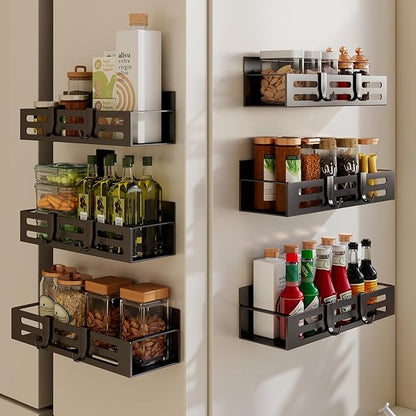 SETBAOO 6 Pack Magnetic Spice Rack for Refrigerator Set, Black Magnetic Shelf and Fridge Kitchen Cabinet Organizers Storage Seasoning Organization Mini Shelves.