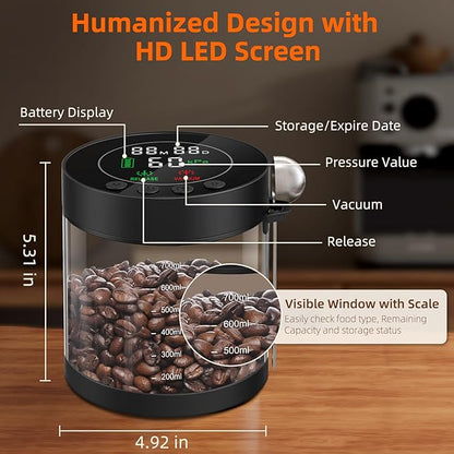Electric Vacuum Coffee Canister, 0.8L Glass Airtight Food Storage Containers with Smart Pressure Sensor, Automatic Coffee Bean Container Rechargeable with LED Display Window for Kitchen Food Storage