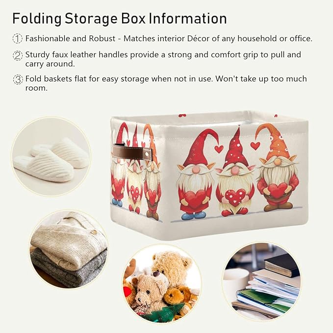 Large Storage Basket Gnomes Hold Hearts Storage Bin Cube Canvas Fabric Organizer Handles Collapsible for Clothes Toys Bedroom Decorative