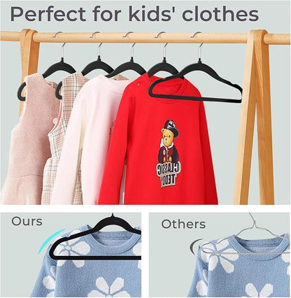 ManGotree 14 Inch Kids Velvet Hangers for Closet, Ultra-Thin Space Saving Children's Clothes Hangers, Non-Slip Felt Toddler Hanger for Youth's Clothes (32 Pack, Black)