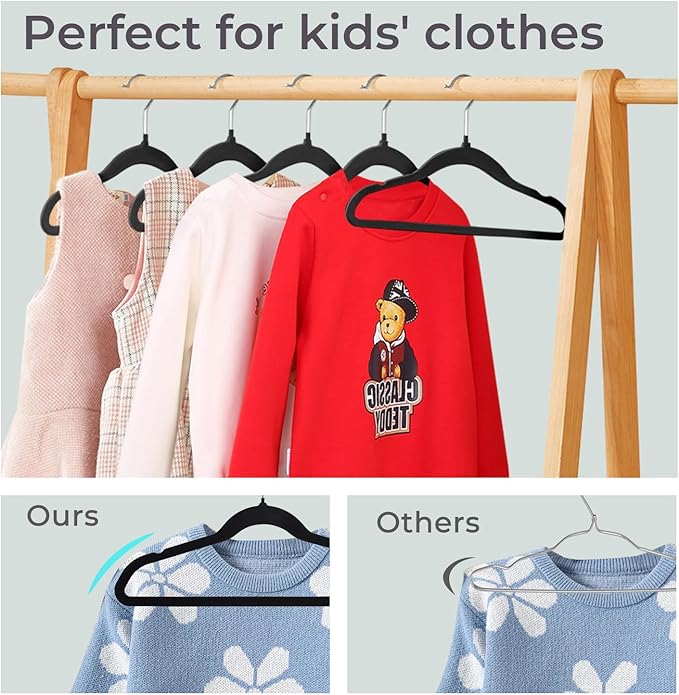 ManGotree 14 Inch Kids Velvet Hangers for Closet, Ultra-Thin Space Saving Children's Clothes Hangers, Non-Slip Felt Toddler Hanger for Youth's Clothes (66 Pack, Black)