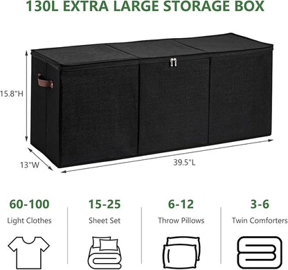 Extra Large Storage Box with Zippered Lid 130L Jumbo Chest Basket Bin Collapsible Lidded Sturdy Organizer with Dividers PU Leather Handles for Clothes Bedding Set Home Closet (Black)