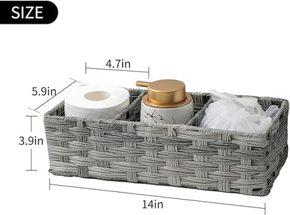 Toilet Tank Topper Paper Basket Multiuse Hand Woven Plastic Wicker Basket Bins with Divider for Shelves Rustic Farmhouse Bathroom Decor Countertop Organizer Storage