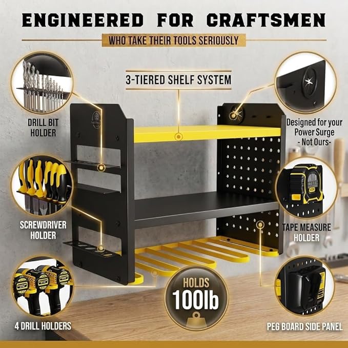 BUILTSTRONG Power Tool Organizer Wall Mount – 3-Tier Heavy-Duty Steel Rack, 4 Drill Slots, Pegboard + Utility Side, 100 lb Capacity – Garage, Workshop & Shed Storage (Yellow)