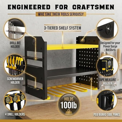 BUILTSTRONG Power Tool Organizer Wall Mount – 3-Tier Heavy-Duty Steel Rack, 4 Drill Slots, Pegboard + Utility Side, 100 lb Capacity – Garage, Workshop & Shed Storage (Yellow)