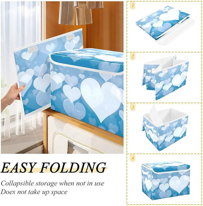 senya Valentines Baskets Collapsible Storage Bins with Lids, Blue Abstract Heart Storage Boxes Clothes Baskets for Organizing