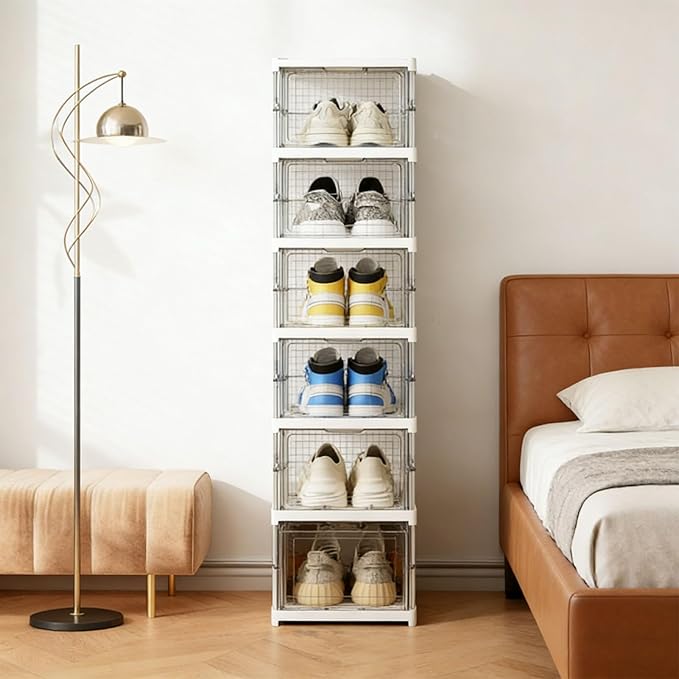 TARSHYRY Foldable Shoe Organizer, Stackable Shoe Rack with Transparent Door, Space Saving Bin Holder for Sneaker Container, Organizer for Boots, Heels, Sandals (6 Layers 10.04x13.58x41.34in)
