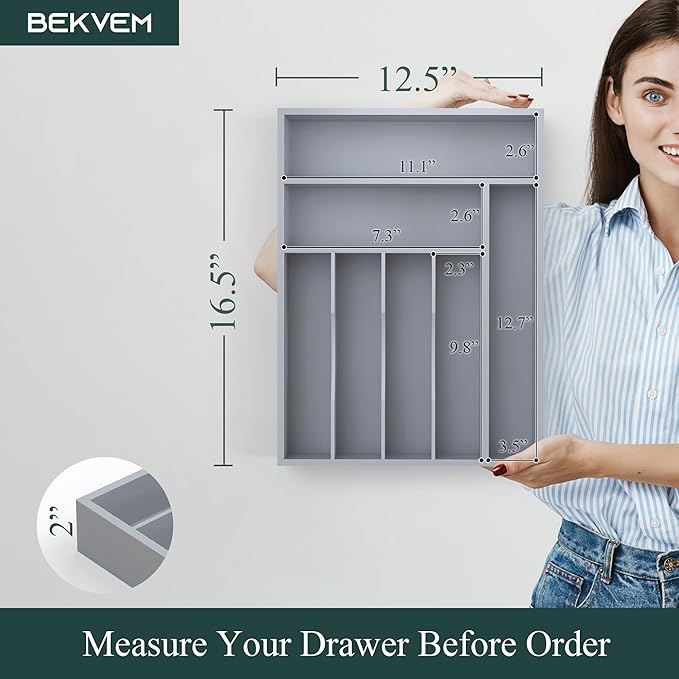 Bamboo Silverware Organizer, Kitchen Drawer Organizer, Utensil Holder, Cutlery Tray & Spoon Flatware Storage with Grooved Drawer Dividers (Grey, 12.5''W x 16.5''D)