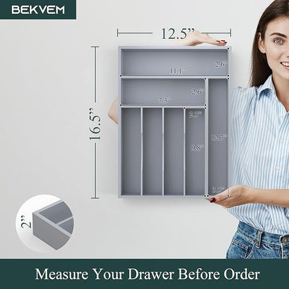 Bamboo Silverware Organizer, Kitchen Drawer Organizer, Utensil Holder, Cutlery Tray & Spoon Flatware Storage with Grooved Drawer Dividers (Grey, 12.5''W x 16.5''D)