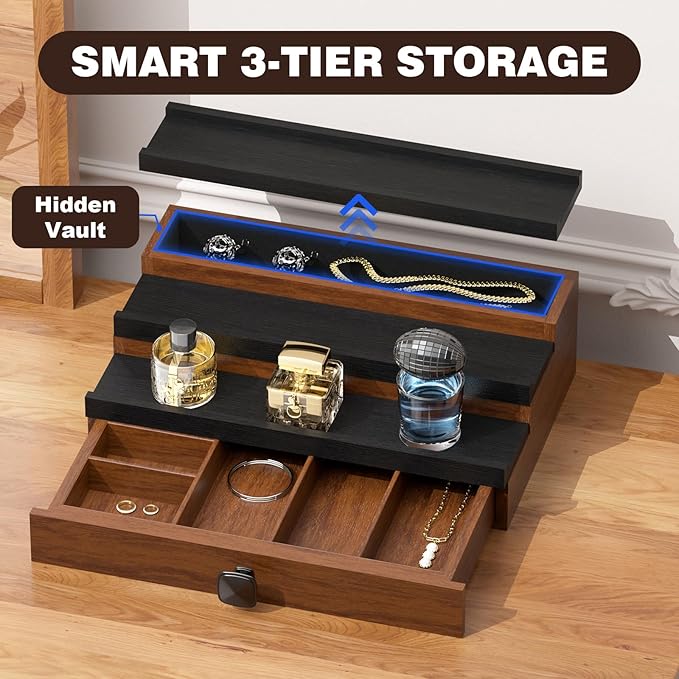 Cologne Organizer for Men: with Hidden Vault & Drawer, 3 Tier Wooden Cologne Stand Desktop Perfume Display Shelf, Bedroom Dresser Makeup Lotion Jewelry Storage Organizer ﻿