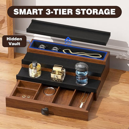 Cologne Organizer for Men: with Hidden Vault & Drawer, 3 Tier Wooden Cologne Stand Desktop Perfume Display Shelf, Bedroom Dresser Makeup Lotion Jewelry Storage Organizer ﻿