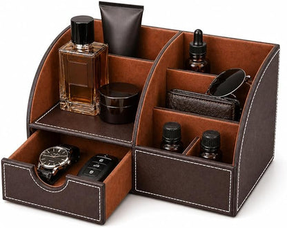 KINGFOM Cologne Organizer for Men, PU Leather Dresser Organizer with Drawer, Countertop Cologne Holder for Watch, Wallet, Keys, Sunglasses, Bathroom Bedroom Nightstand Organizer, Gifts for Men Brown