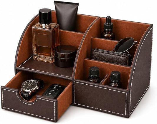 KINGFOM Cologne Organizer for Men, PU Leather Dresser Organizer with Drawer, Countertop Cologne Holder for Watch, Wallet, Keys, Sunglasses, Bathroom Bedroom Nightstand Organizer, Gifts for Men Brown