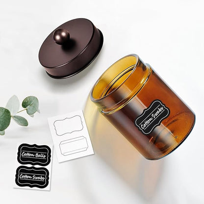 Amolliar Amber Glass Qtip Holder, Apothecary Jars with Bronze Metal Lid & Stickers-Bathroom Qtip Dispenser Storage Organizer Set,Vanity Counter Canister for Cotton Swabs,Round Floss(2 Pack)