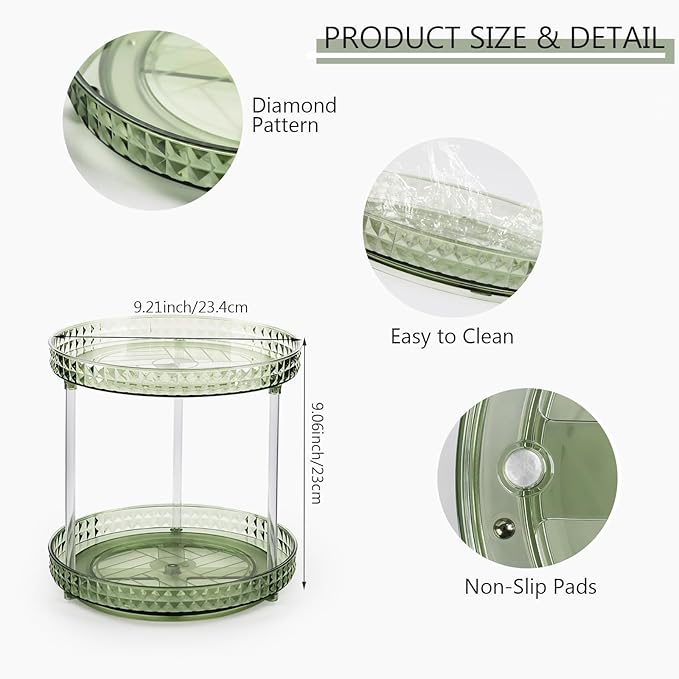 360 Clear Rotating Makeup Organize for Vanity,2 Tiers Lazy Susan with Diamond Pattern, Large-Capacity Skincare Organizers Cosmetic Display Case Organizer for Dresser (Vintage Green, 2Tiers)