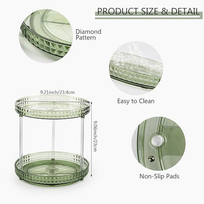 360 Clear Rotating Makeup Organize for Vanity,2 Tiers Lazy Susan with Diamond Pattern, Large-Capacity Skincare Organizers Cosmetic Display Case Organizer for Dresser (Vintage Green, 2Tiers)