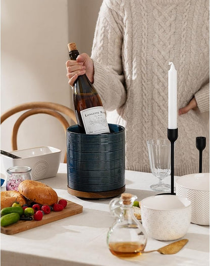 Utensil Holder, 360° Rotating Extra Large Ceramic Kitchen Utensil Holder for Countertop, 7.3“ Cooking Utensil Crocks for Kitchen Counter with Rotatable Wooden Base, Farmhouse Decor, Dusty Blue