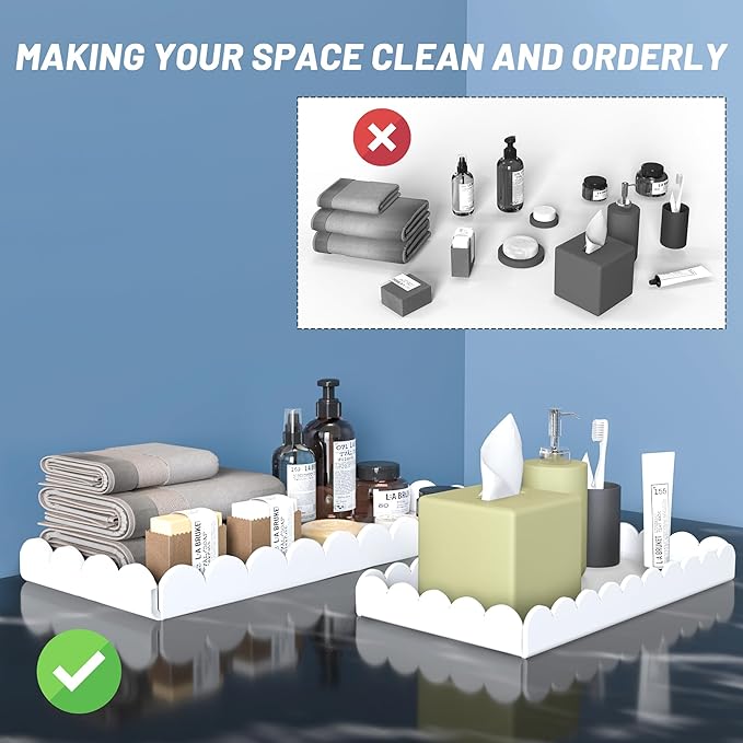 2 Pack Scalloped White Acrylic Bathroom Vanity Tray for Counter Clear Acrylic Trays for Organizing Perfume Sponge Soap Makeup Storage Holder Toilet Tray ( White ,Large: 11"L x 5"W + Middle: 8"L x 4"W)