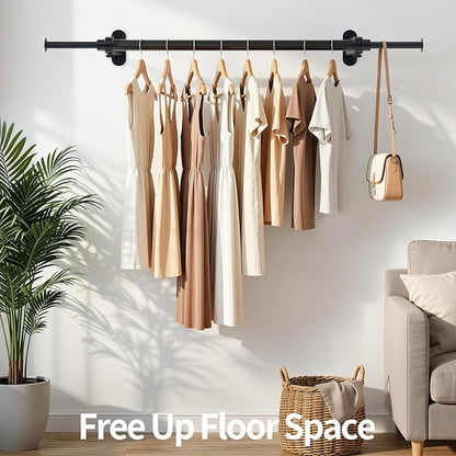 Luxspire Wall Mounted Clothes Rack, Industrial Pipe Clothing Rack, 28" Heavy Duty Extendable Iron Garment Bar, Multi-Purpose Hanging Rods for Clothes Bedroom, Laundry Room, Closet 1 Pack, Black