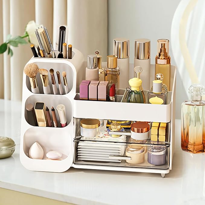 LZDMY Makeup Organizer Countertop, Vanity Organizer with Brush Holder, Cosmetic Display Case with Drawers, Skincare Organizer for Dresser, Bathroom, Makeup Storage Holder for Women Christmas gifts