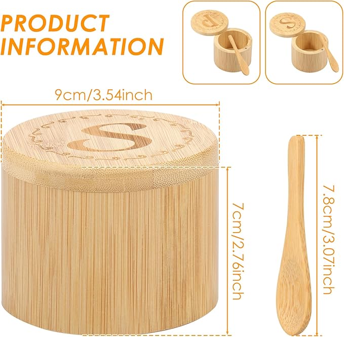 2 Layers Acacia Wood Salt & Pepper Bowl with Built-in Spoon and Magnetic Swivel Lid - Dustproof Salt Holder for Kitchen Serving (Wood)